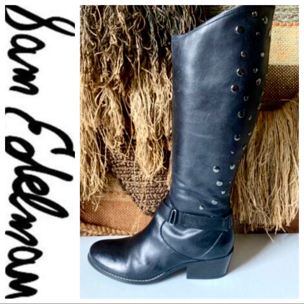 💕SALE💕 Libby Edelman Studded Black Leather Tall Riding Boots - Picture 1 of 7